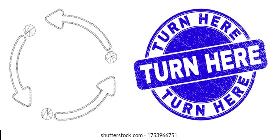 Web mesh rotation arrows pictogram and Turn Here seal stamp. Blue vector rounded distress stamp with Turn Here title. Abstract frame mesh polygonal model created from rotation arrows pictogram.