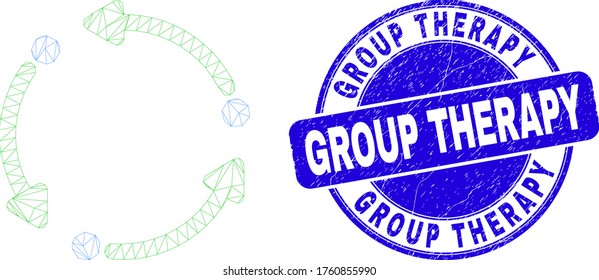 Web mesh rotation arrows pictogram and Group Therapy stamp. Blue vector round scratched seal stamp with Group Therapy message.