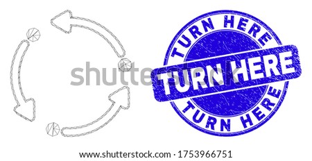 Web mesh rotation arrows pictogram and Turn Here seal stamp. Blue vector rounded distress stamp with Turn Here title. Abstract frame mesh polygonal model created from rotation arrows pictogram.