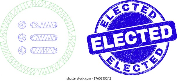 Web mesh rounded items pictogram and Elected seal. Blue vector rounded grunge watermark with Elected text. Abstract frame mesh polygonal model created from rounded items pictogram.