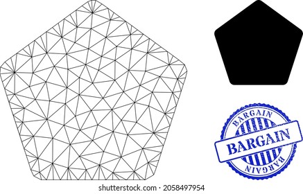 Web mesh rounded pentagon vector icon, and blue round BARGAIN corroded stamp seal. BARGAIN seal uses round form and blue color. Flat 2d carcass created from rounded pentagon icon.