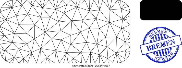 Web mesh rounded rectangle vector icon, and blue round BREMEN unclean stamp. BREMEN stamp seal uses round shape and blue color. Flat 2d carcass created from rounded rectangle icon.