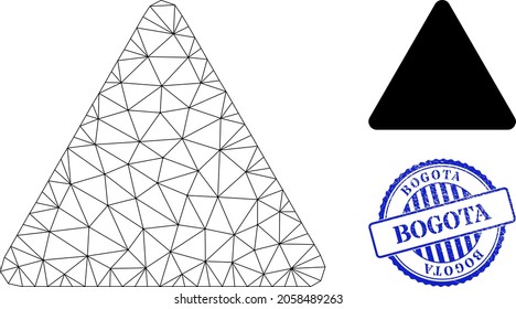 Web mesh rounded triangle vector icon, and blue round BOGOTA dirty watermark. BOGOTA seal uses round template and blue color. Flat 2d model created from rounded triangle icon.