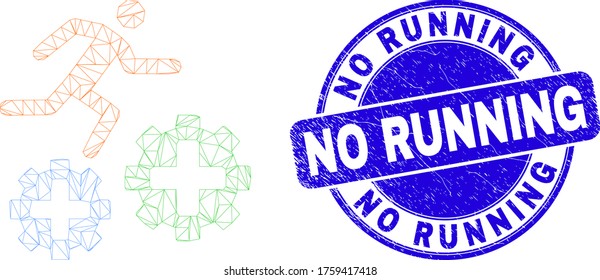 Web mesh running patient on gears icon and No Running seal stamp. Blue vector rounded textured seal stamp with No Running message.