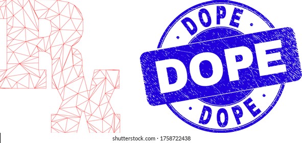 Icono de símbolo Rx de malla web y sello de sello Dope. Sello de sello de foco redondo de vector azul con título Dope. Resumen modelo poligonal de malla de marco creado a partir del icono de símbolo Rx.