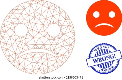 Web mesh sad smiley vector icon, and blue round WRONG. rubber stamp print. WRONG. stamp uses round template and blue color. Flat 2d carcass created from sad smiley icon.