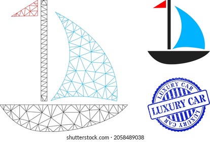 Web mesh sail boat vector icon, and blue round LUXURY CAR unclean stamp seal. LUXURY CAR seal uses round template and blue color. Flat 2d carcass created from sail boat icon.
