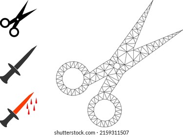 Web mesh scissors vector icon, and source icons. Flat 2d carcass created from scissors pictogram. Abstract carcass mesh polygonal scissors. Linear carcass 2D mesh in vector EPS format,