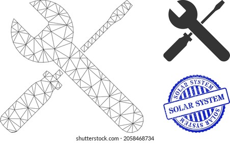 Webmaschen-Schraubenzieher und Vektor-Symbol, blaues rundes SOLAR-SYSTEM-Siegel. Das Siegel des SOLAR SYSTEMS verwendet runde Form und blaue Farbe.