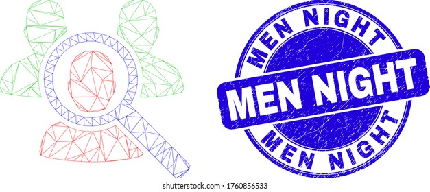 Web mesh search people pictogram and Men Night stamp. Blue vector round distress stamp with Men Night caption. Abstract frame mesh polygonal model created from search people pictogram.