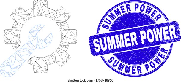 Web mesh service tools icon and Summer Power seal. Blue vector rounded grunge stamp with Summer Power phrase. Abstract frame mesh polygonal model created from service tools icon.