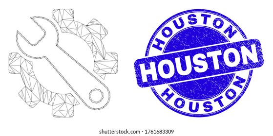 Web-Mesh-Tools Symbol und Houston-Siegel. Blauer, abgerundeter Stempel mit abgerundeter Kreideverschluss mit dem Houston-Satz. Abstraktes polygonales Mesh-Modell, das aus dem Symbol Dienstprogramme erstellt wurde.