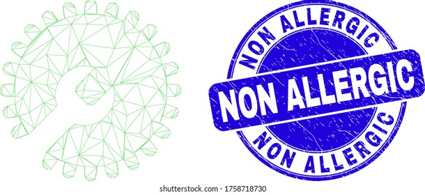 Pictograma de engranajes de configuración de malla web y sello de sello no alérgico. Sello de sello de sello de tipo azul vectorial redondo rayado con título no alérgico. Modelo poligonal de malla de marco abstracto creado a partir del pictograma de engranajes de configuración.