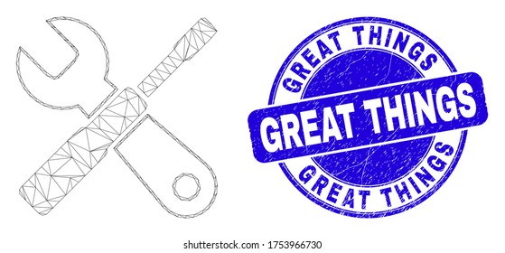 Web mesh setup tools icon and Great Things seal stamp. Blue vector round grunge watermark with Great Things message. Abstract frame mesh polygonal model created from setup tools icon.