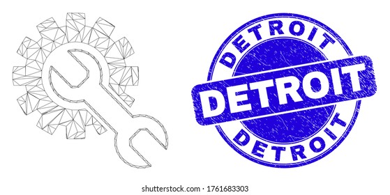 Web mesh setup tools icon and Detroit seal stamp. Blue vector round textured stamp with Detroit phrase. Abstract mesh polygonal model created from setup tools icon.