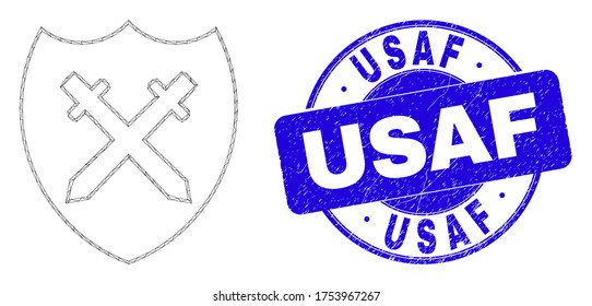 Icono de protección de malla web y espadas y sello de sello USAF. Sello de textura redondeado de vector azul con la leyenda USAF. Modelo poligonal de malla de marco abstracto creado a partir del pictograma de escudos y espadas.