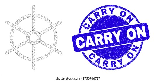 Pictograma de la rueda de la regla de la malla web y sello de la marca de la foca Carry On. Sello de distrés redondo de vector azul con subtítulo Carry On. Resumen modelo poligonal de malla de la canal creado a partir del pictograma de la rueda de la regla del buque.