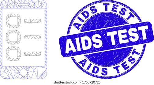 Web mesh smartphone tasks pictogram and AIDS Test seal. Blue vector rounded scratched seal stamp with AIDS Test message. Abstract carcass mesh polygonal model created from smartphone tasks icon.