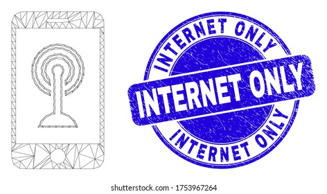 Mesh web smartphone wi-fi hotspot pictograma y sello de sólo Internet. Sello de sello de sello texturizado de vector azul con mensaje de sólo Internet.