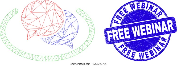 Icono de mensajes de redes sociales de malla web y sello de seminario web gratuito. Sello de sello de sello azul vectorial redondeado con título de Webinar libre.