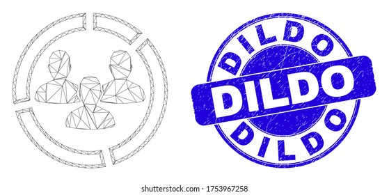 Web-Mesh Social-Pie-Diagramm Symbol und Dildo-Siegel. Blaue, runde, strukturierte Dichtung mit Dildo-Phrase. Abstraktes Rahmennetz polygonal Modell erstellt aus sozialen Kuchen Diagramm Symbol.
