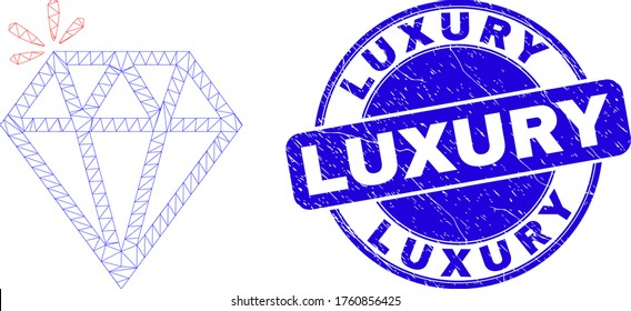 Web mesh spark brilliant pictogram and Luxury stamp. Blue vector round textured stamp with Luxury phrase. Abstract frame mesh polygonal model created from spark brilliant pictogram.