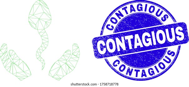 Cuidar el esperma de malla web manos pictograma y sello de sello contagioso. Marca de agua texturada de forma redonda vectorial azul con leyenda contagiosa.
