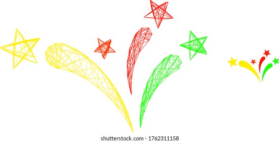 Icono vectorial de fuegos artificiales de la estrella de malla web. Cáscaras planas de 2d creadas a partir del pictograma de fuegos artificiales estrellados. Resumen de los fuegos artificiales de estrellas poligonales de malla de canal. Malla plana de canal neta en formato vectorial,
