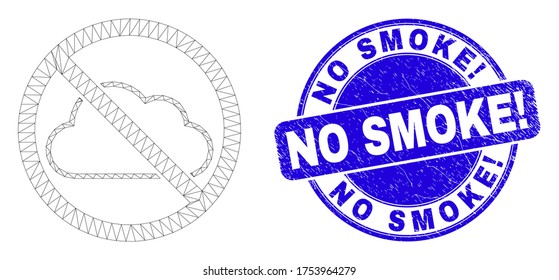 Web mesh stop cloud icon and No Smoke! stamp. Blue vector rounded grunge stamp with No Smoke! text. Abstract frame mesh polygonal model created from stop cloud icon.