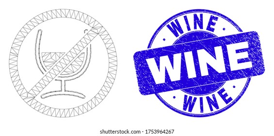 Icono de cristal de vino de parada de malla web y sello de vino. Sello de sello de sello texturizado de vector azul con mensaje de vino. Resumen modelo poligonal de malla de la canal creado a partir del icono de paro de vidrio del vino.