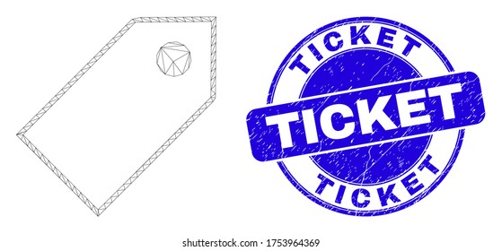 Web mesh tag pictogram and Ticket watermark. Blue vector round distress watermark with Ticket phrase. Abstract carcass mesh polygonal model created from tag pictogram.