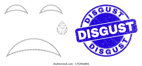 Pictograma de caricatura de malla web y sello de sello de sello de asco. Sello de sello de retenes redondeados de vector azul con leyenda Disgust. Resumen modelo poligonal de malla de canal creado a partir del icono de la sonrisa lacrimógena.