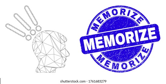 Web mesh test head icon and Memorize stamp. Blue vector rounded scratched watermark with Memorize title. Abstract frame mesh polygonal model created from test head icon.