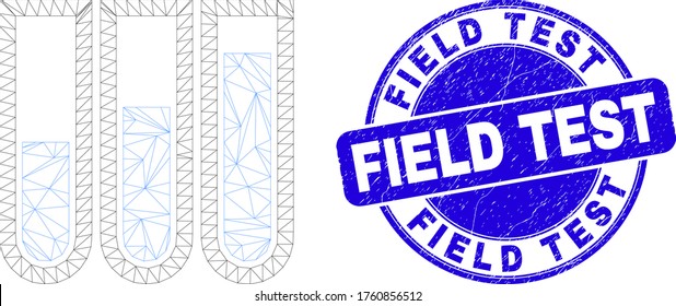 Web mesh test-tubes pictogram and Field Test seal stamp. Blue vector round textured stamp with Field Test phrase. Abstract frame mesh polygonal model created from test-tubes icon.