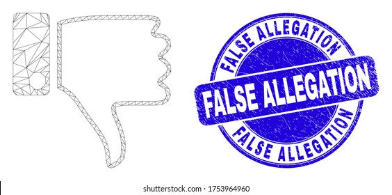 Web mesh thumb down icon and False Allegation seal stamp. Blue vector round textured seal stamp with False Allegation text. Abstract frame mesh polygonal model created from thumb down icon.