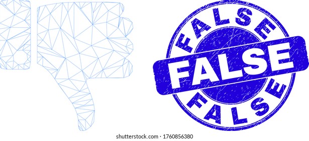 Pictograma abajo con malla Web y marca de agua falsa. Sello de grifo redondeado del vector azul con texto falso. Resumen modelo poligonal de malla de la canal creado a partir del pictograma de abajo.