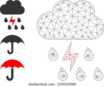 Web mesh thunderstorm weather vector icon, and additional icons. Flat 2d carcass created from thunderstorm weather pictogram. Abstract carcass mesh polygonal thunderstorm weather.