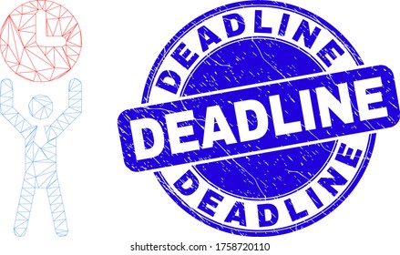 Web-Mesh-Zeitmanager Piktogramm und Deadline-Siegel Stempel. Blauer, abgerundeter, strukturierter Robbenstempel mit Deadline-Satz. Abstraktes Rahmenmaschen-Polygonmodell, das aus dem Zeitmanager-Piktogramm erstellt wurde.