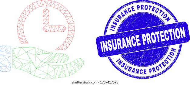 Web mesh time service hand pictogram and Insurance Protection stamp. Blue vector round textured stamp with Insurance Protection phrase.