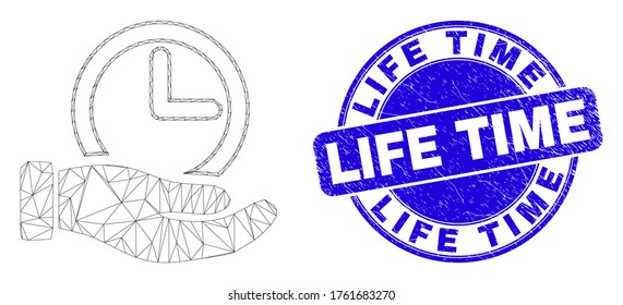 Web mesh time service hand icon and Life Time seal. Blue vector rounded scratched seal with Life Time phrase. Abstract mesh polygonal model created from time service hand icon.