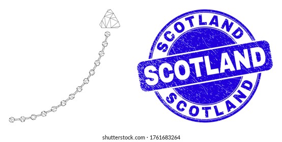 Web mesh up trend arrow icon and Scotland seal stamp. Blue vector rounded scratched seal with Scotland phrase. Abstract mesh polygonal model created from up trend arrow icon.