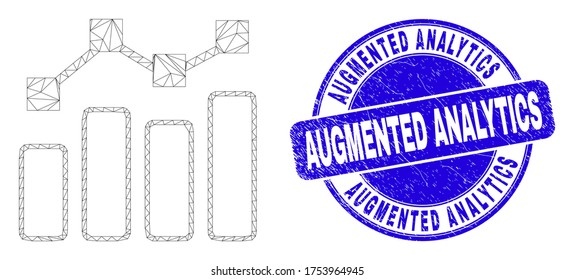 Web mesh trend chart icon and Augmented Analytics watermark. Blue vector round scratched watermark with Augmented Analytics message. Abstract frame mesh polygonal model created from trend chart icon.