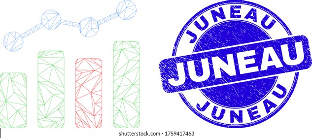 Web mesh trend chart icon and Juneau seal stamp. Blue vector rounded textured watermark with Juneau phrase. Abstract frame mesh polygonal model created from trend chart icon.