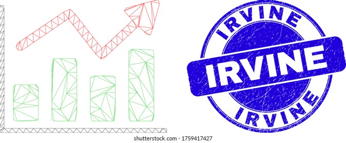 Web mesh trend chart pictogram and Irvine seal stamp. Blue vector round grunge seal with Irvine message. Abstract carcass mesh polygonal model created from trend chart pictogram.