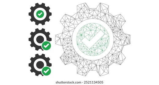 Web mesh verdadero icono de Vector de engranajes, y los iconos de fuente. Carcasa plana 2d creada a partir de un verdadero pictograma de engranajes. Abstractas engranaje verdadero poligonal de malla de marco. Malla plana de la carcasa de alambre en formato EPS de Vector,