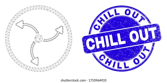Web mesh turbine rotation icon and Chill Out watermark. Blue vector rounded scratched stamp with Chill Out caption. Abstract carcass mesh polygonal model created from turbine rotation icon.