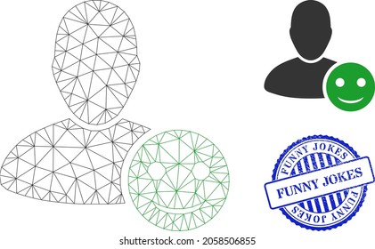 Web mesh user happy emotion vector icon, and blue round FUNNY JOKES unclean watermark. FUNNY JOKES stamp seal uses round shape and blue color. Flat 2d carcass created from user happy emotion icon.