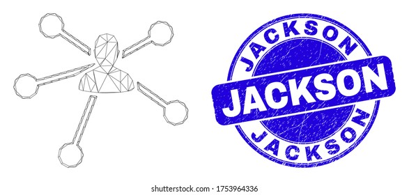 Web mesh user links icon and Jackson seal stamp. Blue vector round distress seal stamp with Jackson phrase. Abstract frame mesh polygonal model created from user links icon.