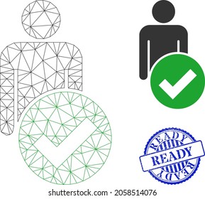 Web mesh valid man figure vector icon, and blue round READY grunge watermark. READY seal uses round shape and blue color. Flat 2d carcass created from valid man figure icon.