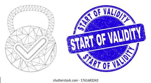 Web mesh valid weight pictogram and Start of Validity stamp. Blue vector rounded textured seal stamp with Start of Validity caption.